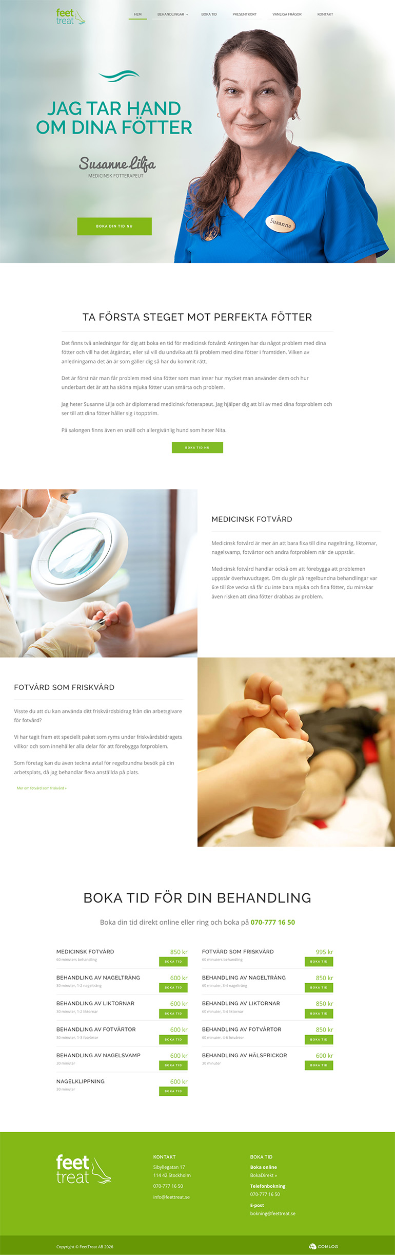 Startsida för WordPress-webbplats med tydlig bokningsstruktur